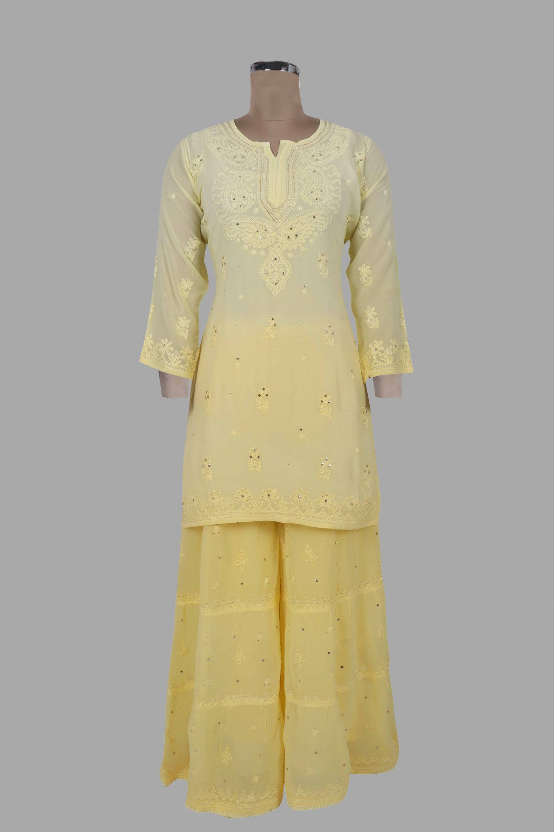 Ada Hand Embroidered Yellow Georgette Lucknowi Chikankari Kurta Dupatta And Palazzo Set With Muqaish Work 01A227745