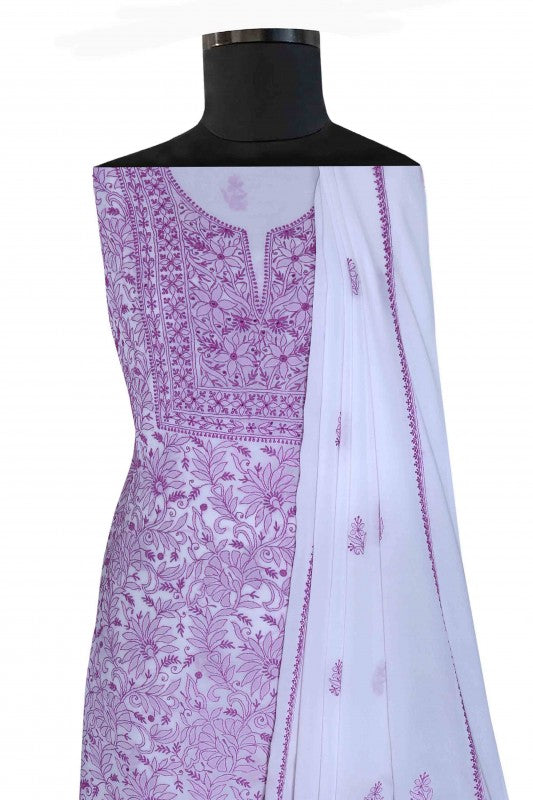 Ada Hand Embroidered White Pure Georgette Lucknowi Chikan Unstitched Kurta Dupatta Set A108845