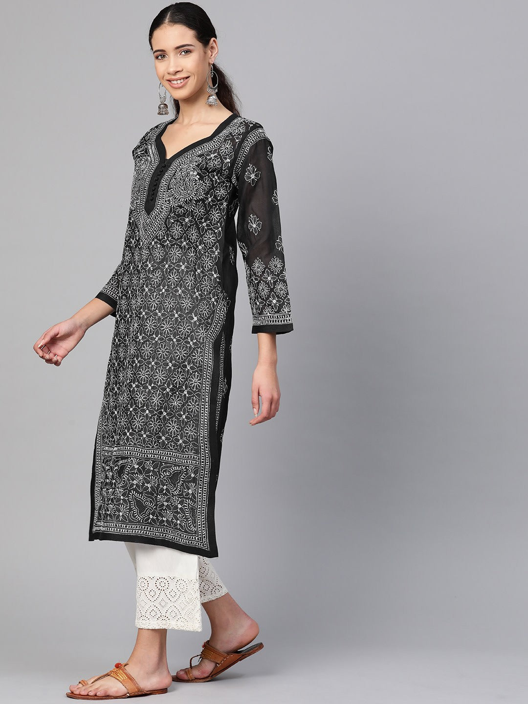 Ada Hand Embroidered Black Cotton Lucknow Chikankari straight Kurta A100380