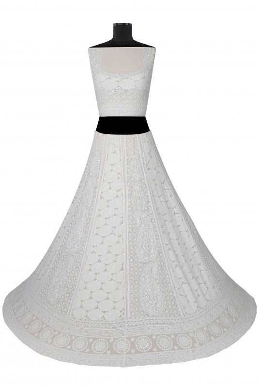 Ada Hand Embroidered Off White Pure Georgette Lucknowi Chikankari Lehenga Set A391405