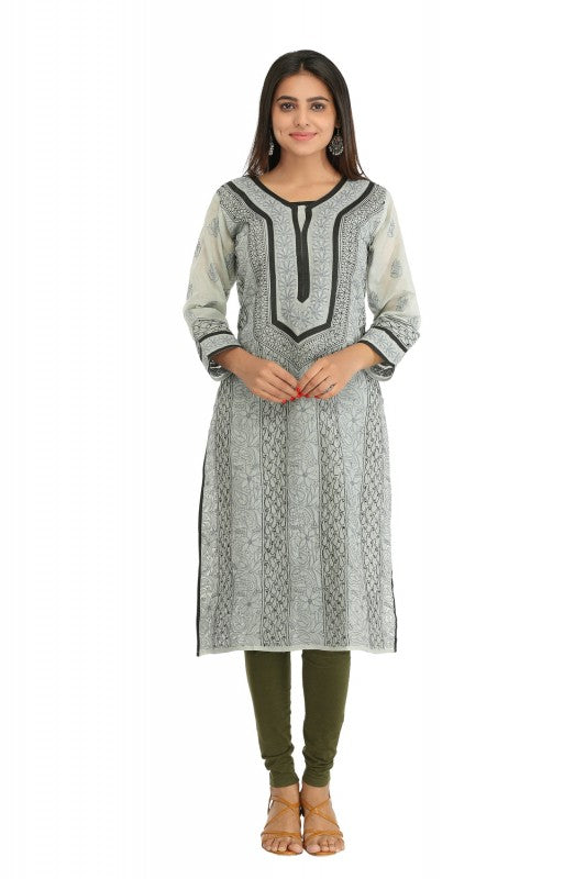 Ada Hand Embroidered Grey Cotton Lucknowi Chikankari Straight Kurta A273511