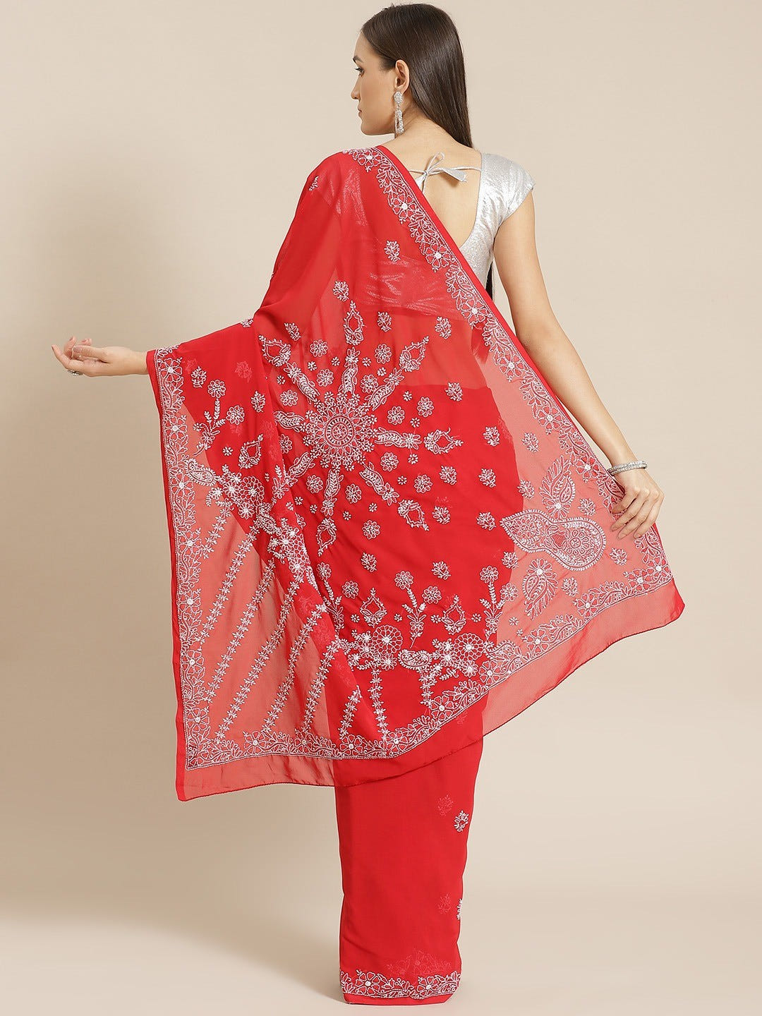 Ada Hand Embroidered Red Georgette Lucknowi Chikankari Saree with Blouse A138793