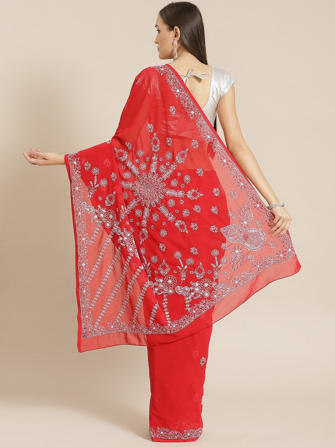 Ada Hand Embroidered Red Georgette Lucknowi Chikankari Saree with Blouse A138793