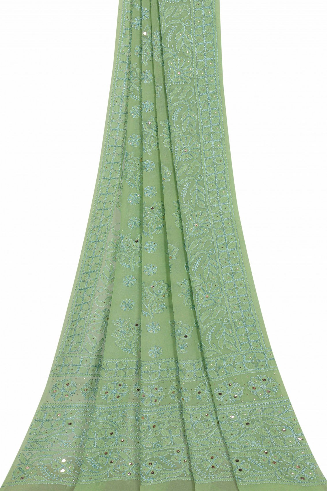Ada Hand Embroidered Green Pure Georgette Lucknowi Chikankari Dupatta With Muqaish Work 01A156924