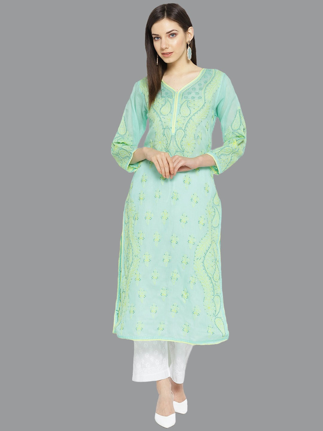 Ada Hand Embroidered Sea Green Cotton Lucknowi Chikankari Kurta with Palazzo Set A100020