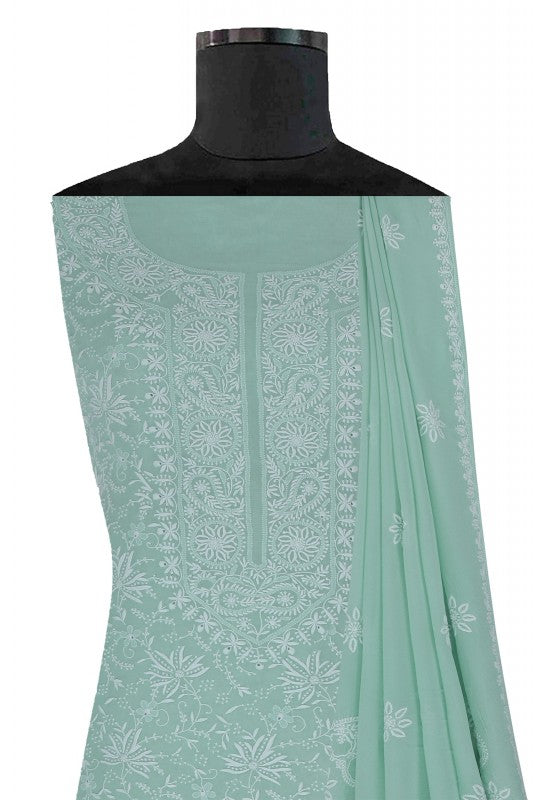 Ada Hand Embroidered Sea Green Pure Georgette Chikan Unstitched Suit Piece- A49696