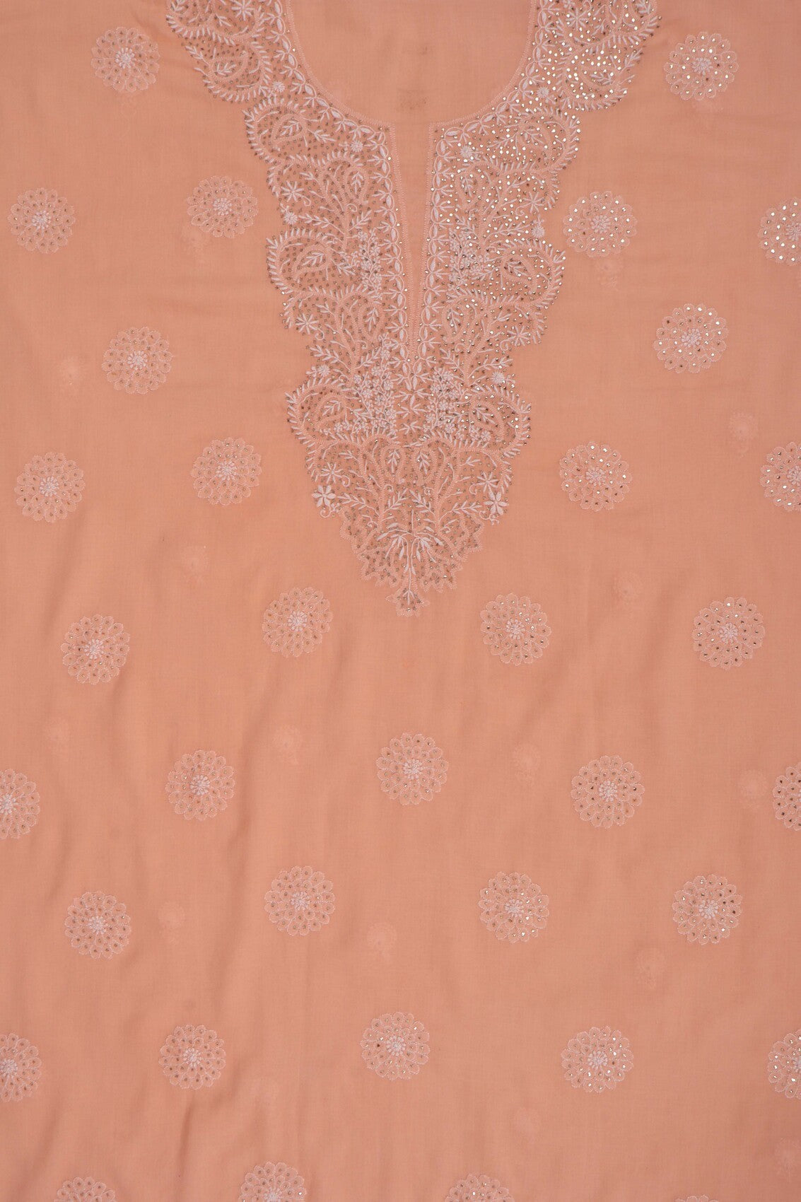 Ada Hand Embroidered Peach Cotton Lucknowi Chikankari Unstitched Suit Piece With Muqaish Work 01A165718