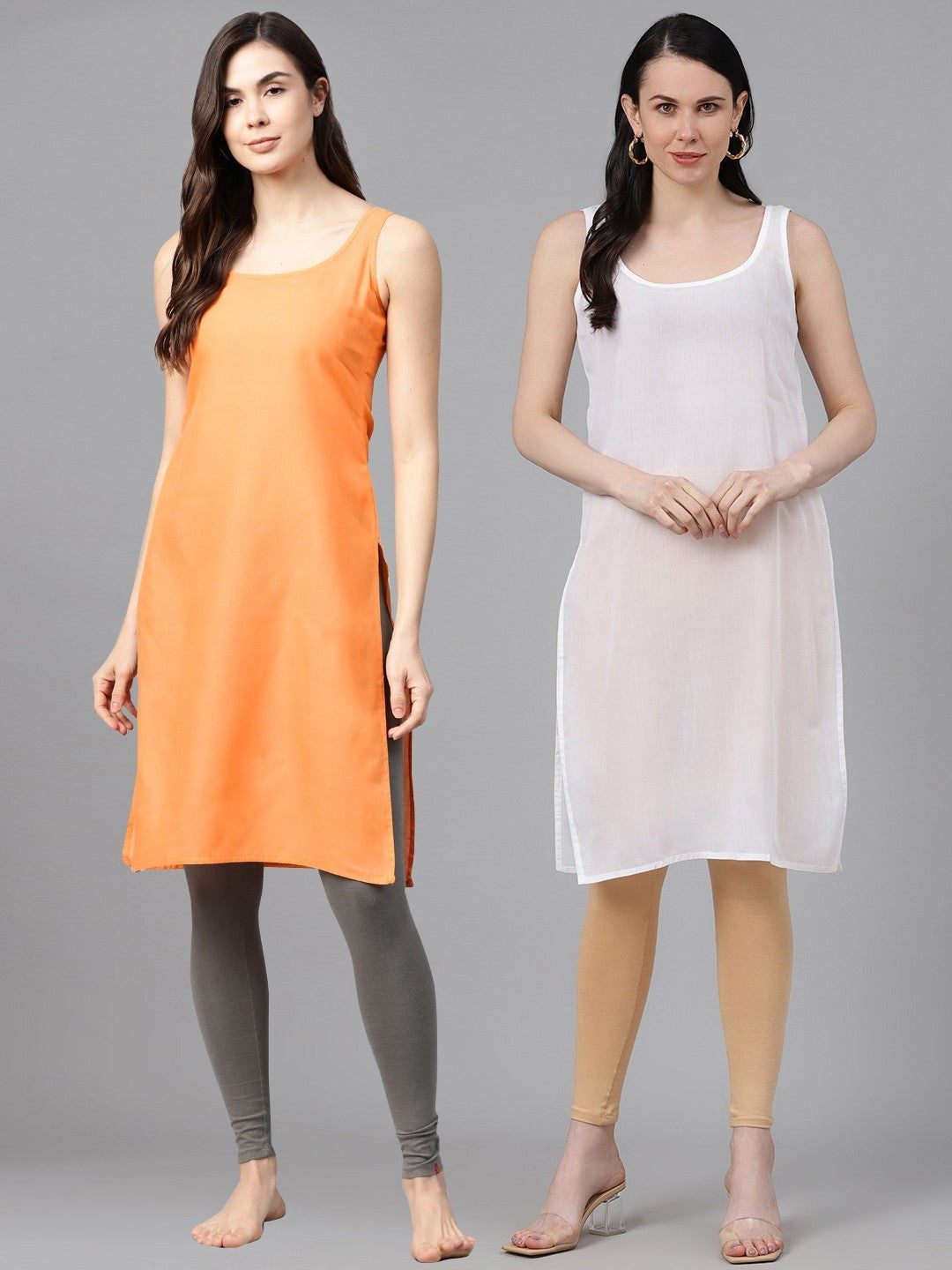 Ada White & Orange Cotton Long Slips Combo Of 2 A111140.