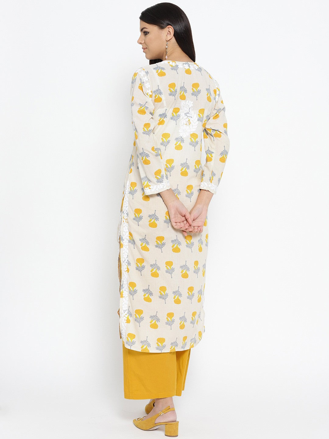 Ada Hand Embroidered Fawn Yellow Cotton Lucknowi Chikankari Straight Kurta- A100034