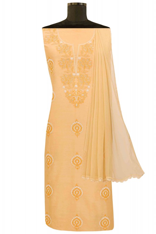 Ada Hand Embroidered Fawn Chanderi Lucknowi Chikankari Unstitched Suit Piece A442518