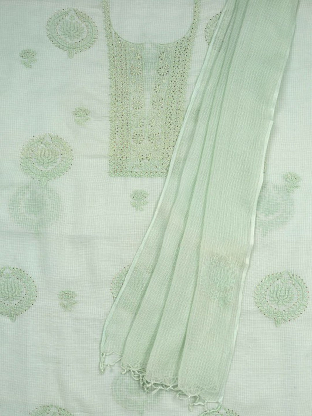 Ada Hand Embroidered Pista Green Kota Lucknowi Chikan Unstitched Kurta Dupatta Set With Muqaish Work A614846