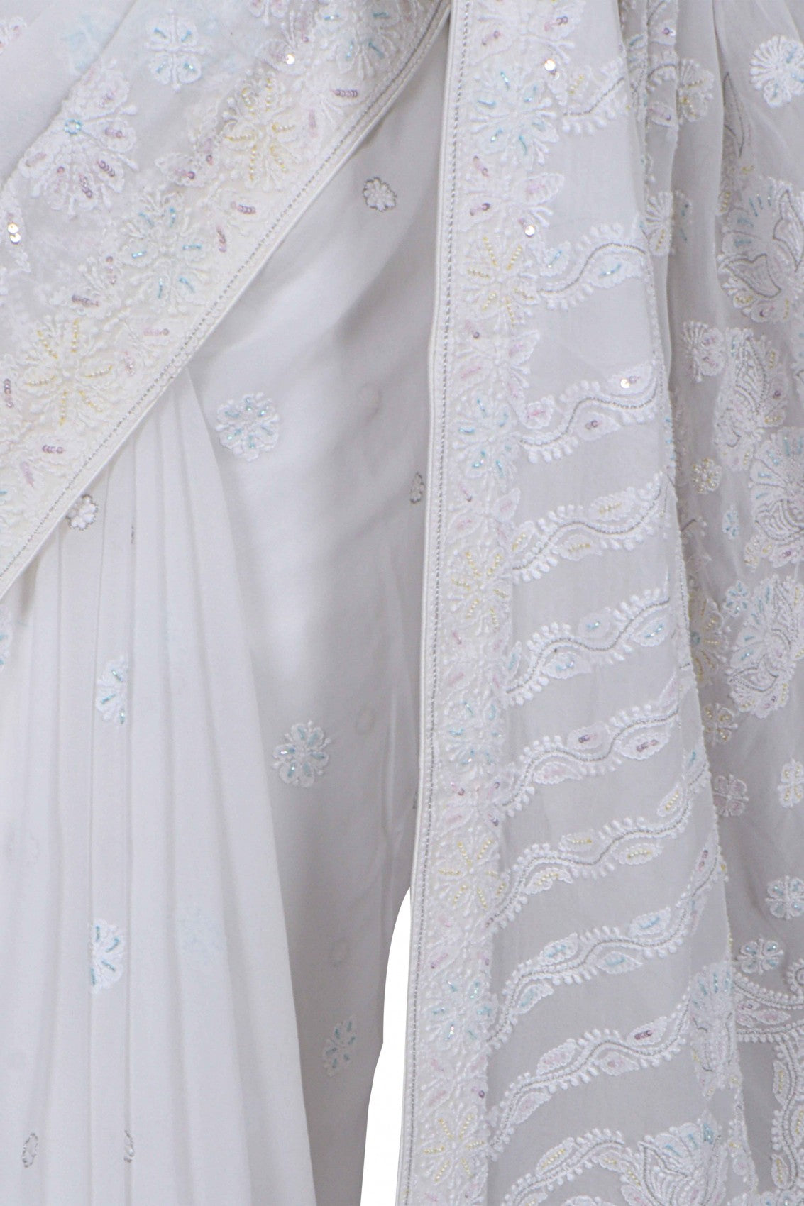 Ada Hand Embroidered White Georgette Lucknowi Chikankari Saree/Blouse With Cutdana Work 01A147431