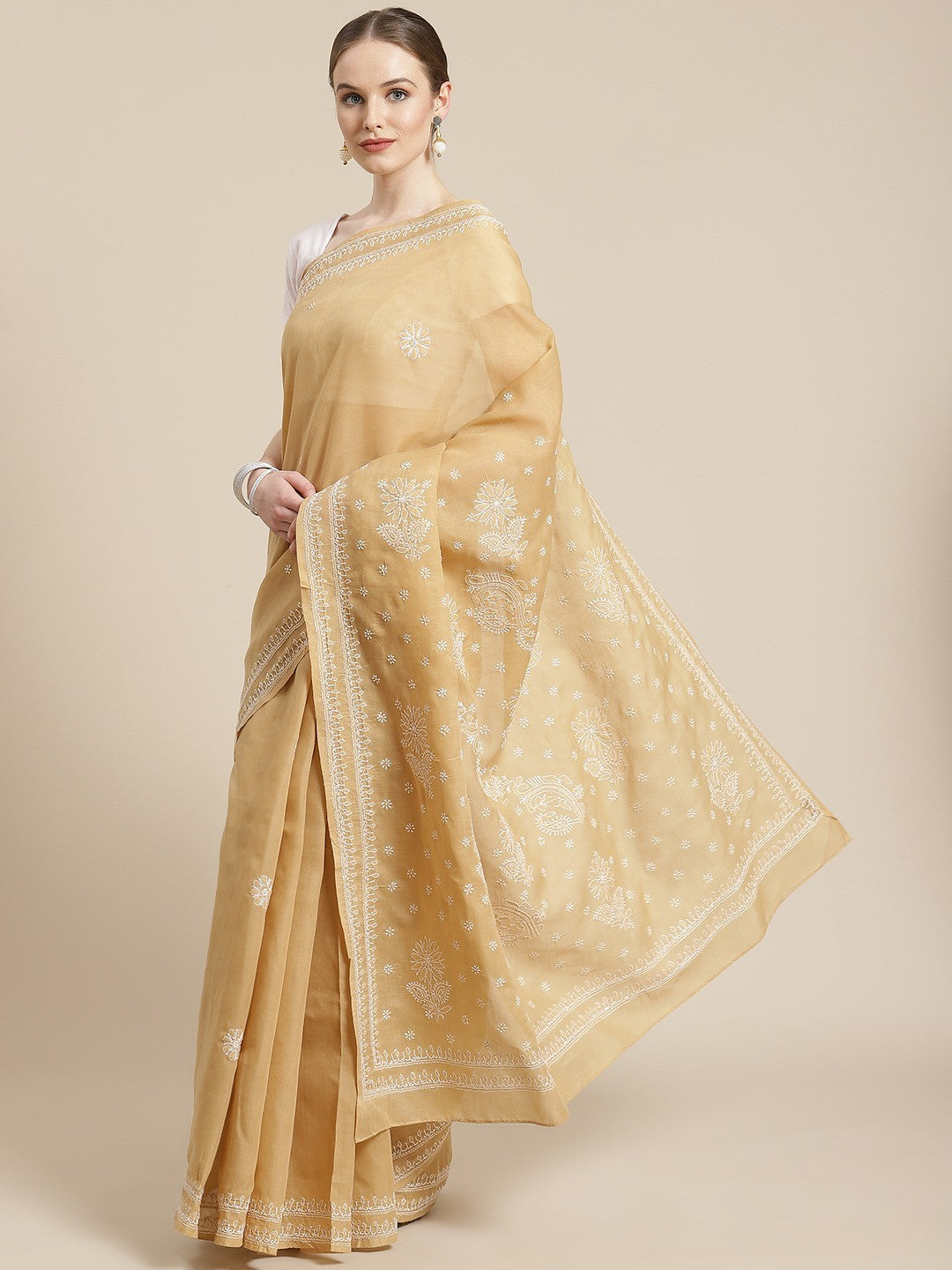 Ada Hand Embroidered Fawn Cotton Lucknow Chikan Saree With Blouse A311251