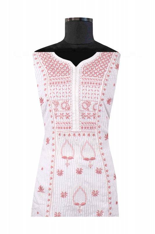 Ada Hand Embroidered White Chanderi Lucknowi Chikankari Unstitched Anarkali Kurta Dupatta Set 01A138196