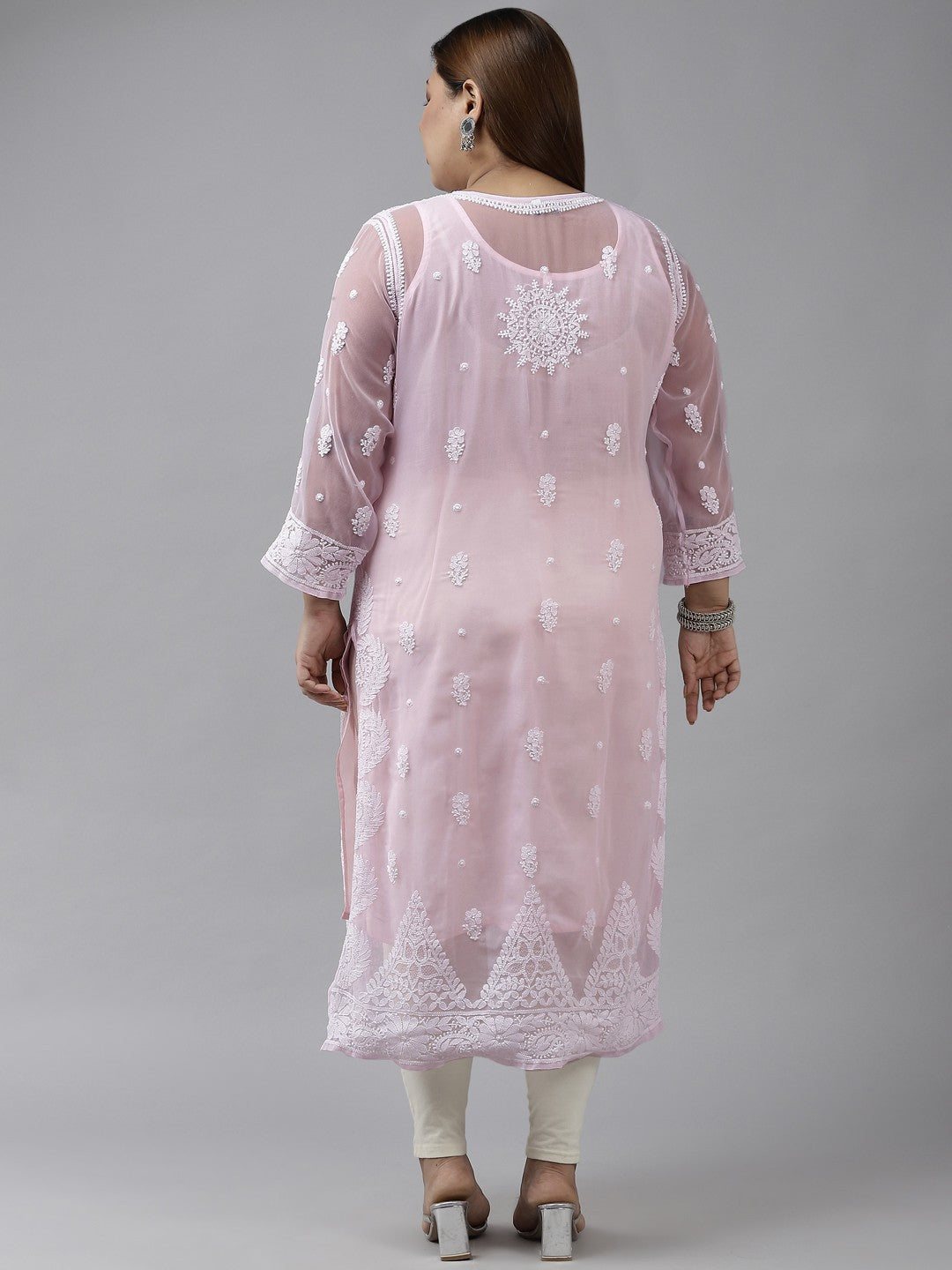 Ada Hand Embroidered Powder Pink Georgette Lucknowi Chikankari Straight Kurta with Slip A411208
