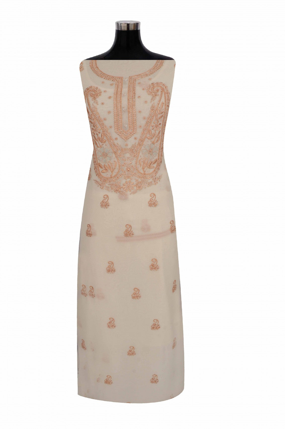 Ada Hand Embroidered Beige Pure Georgette Lucknowi Chikankari Unstitched Kurta Dupatta Set With Zari Work AA411297