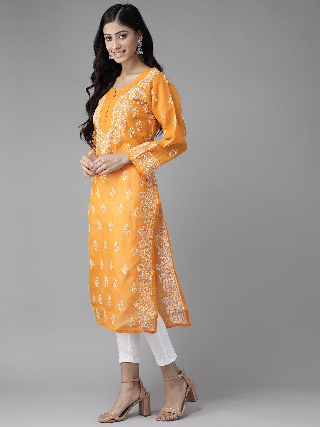 Ada Hand Embroidered Mustard/ White Cotton Lucknowi Chikankari Kurta Set-A811186