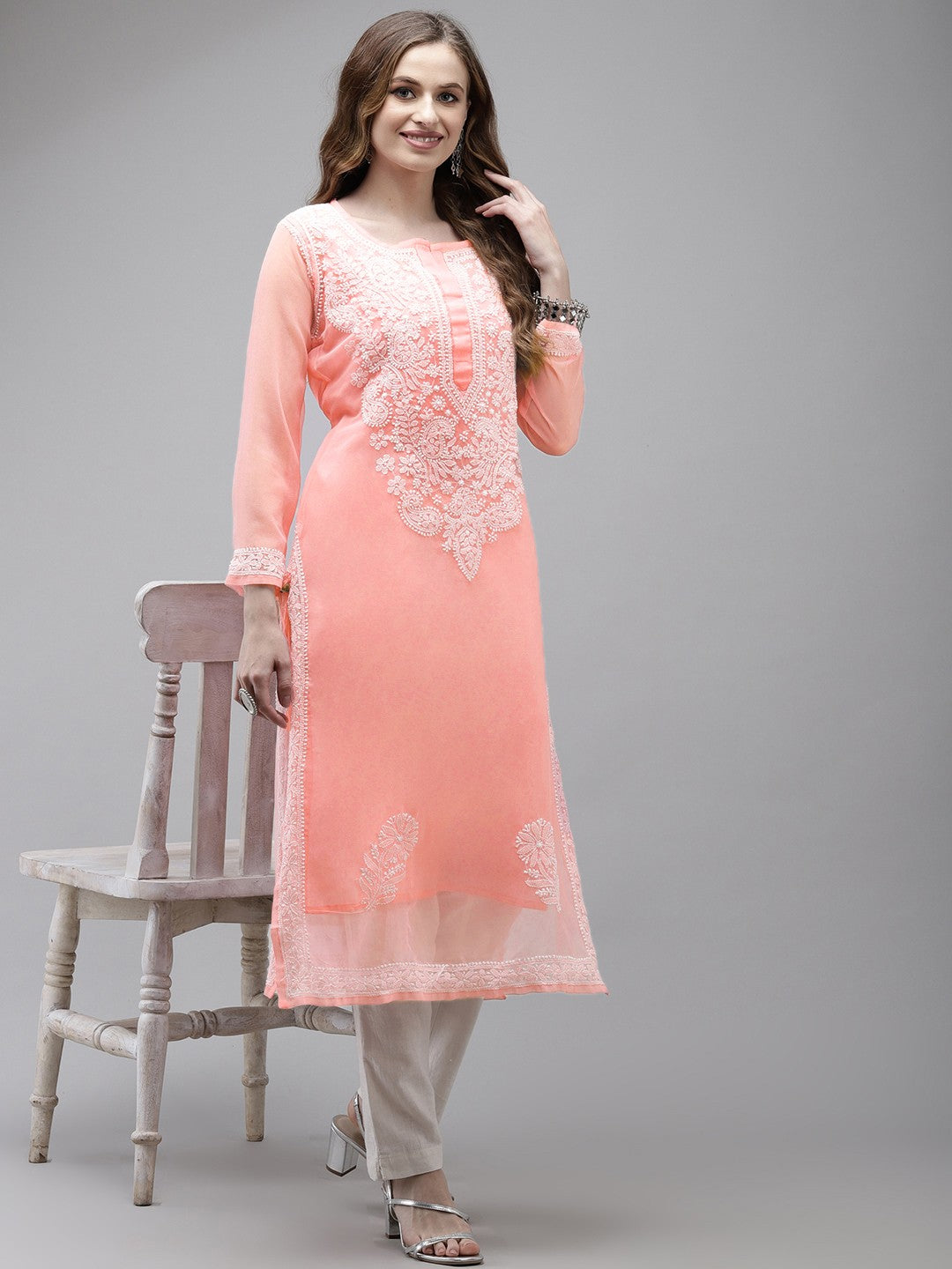 Ada Hand Embroidered Peach Georgette Lucknow Chikan Straight Kurta with Slip A411360