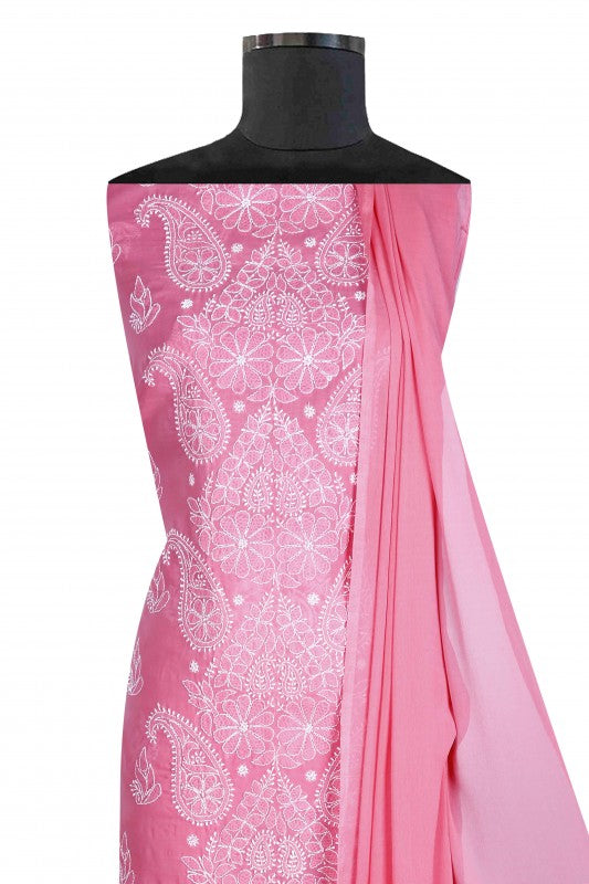 Ada Hand Embroidered Pink Cotton Lucknowi Chikan Unstitched Suit Piece A472826