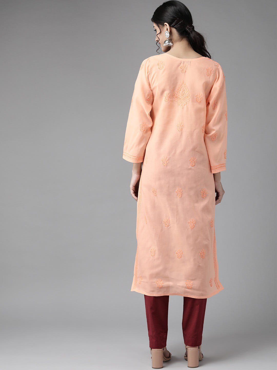 Ada Hand Embroidered Peach Cotton Lucknowi Chikankari Straight Kurta A231406