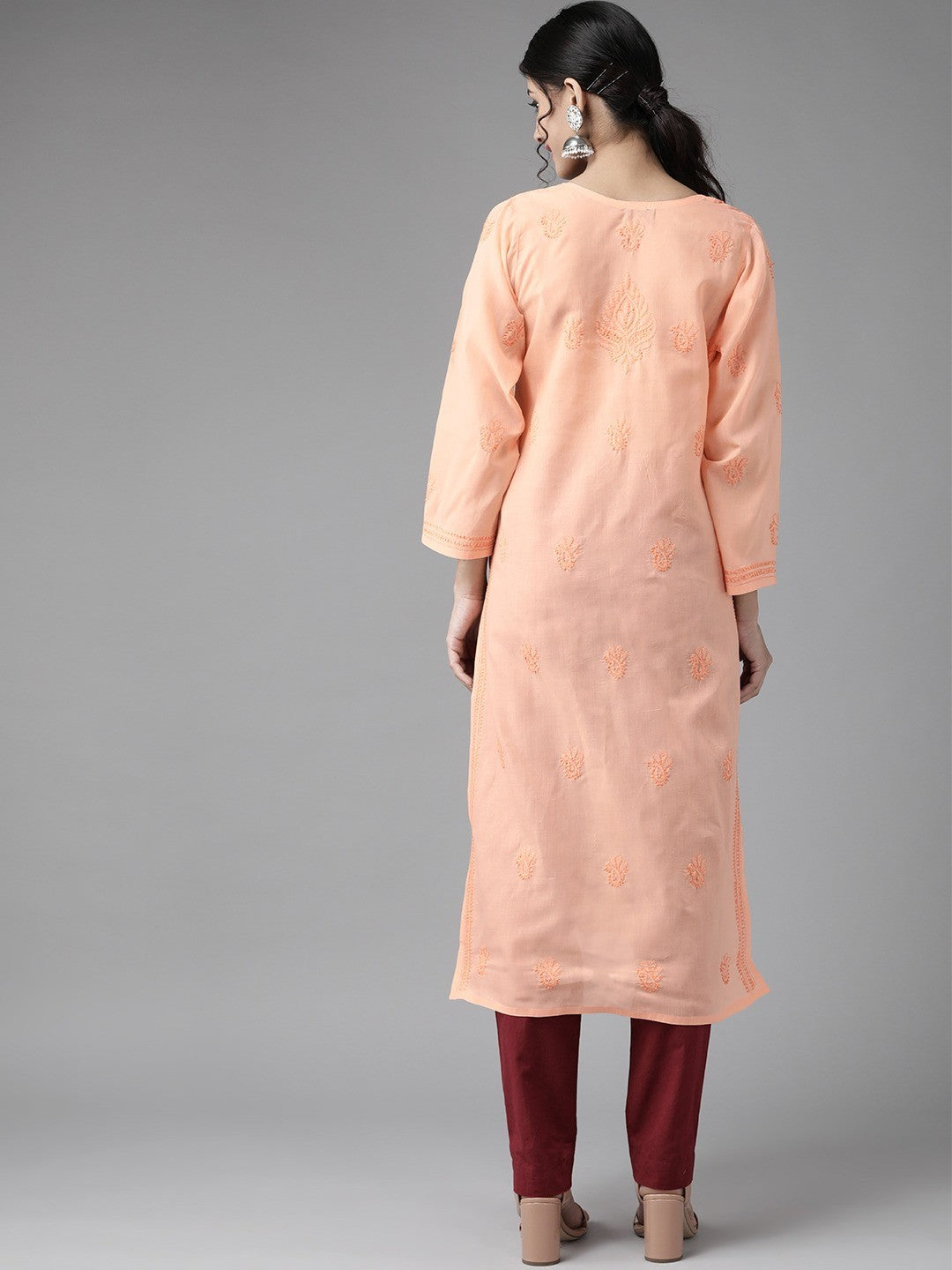 Ada Hand Embroidered Peach Cotton Lucknowi Chikankari Straight Kurta A231406