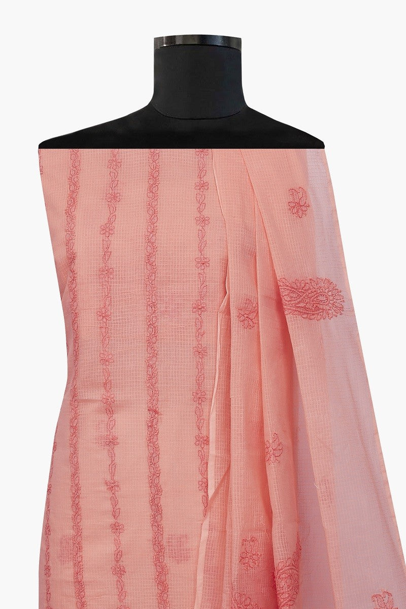 Ada Hand Embroidered Salmon Peach Kota Chikan Unstitched Kurta Dupatta Set- A596886