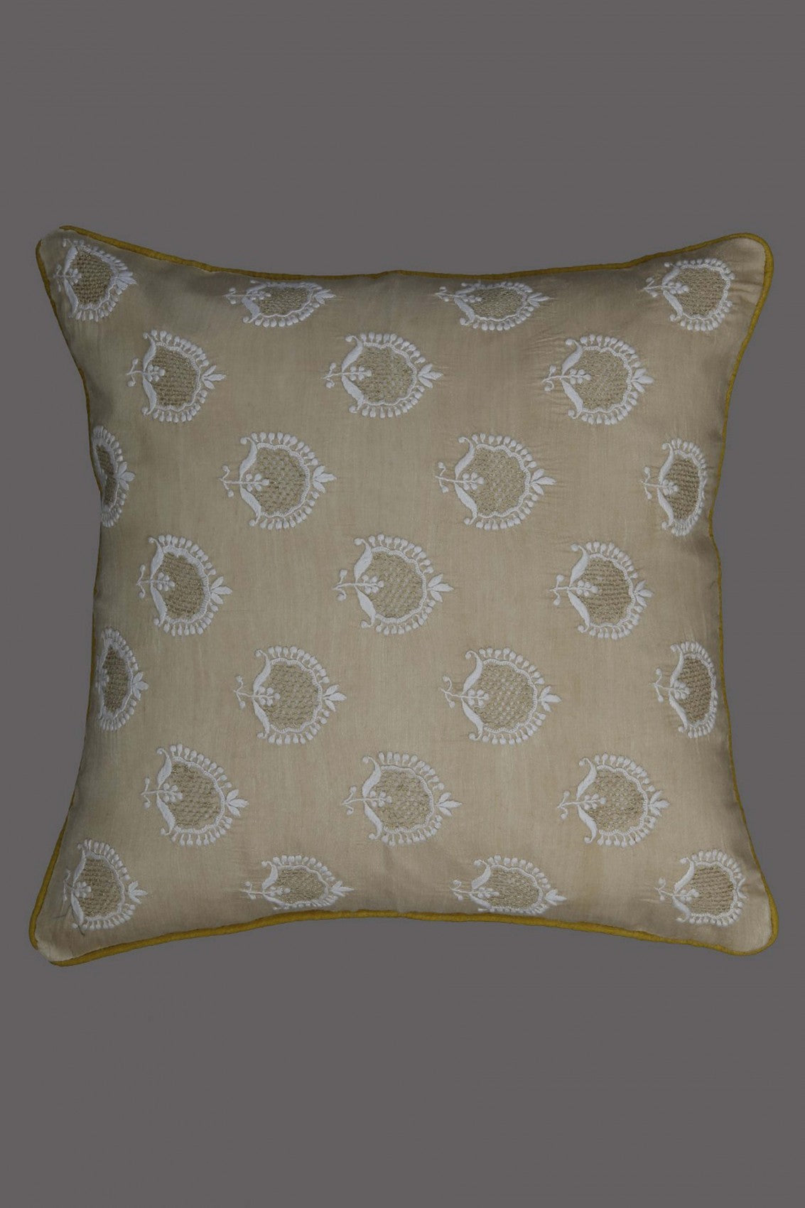 Ada Hand Embroidered Fawn Tusser Silk Lucknowi Chikankari Cushion Cover With Zari Work A507404