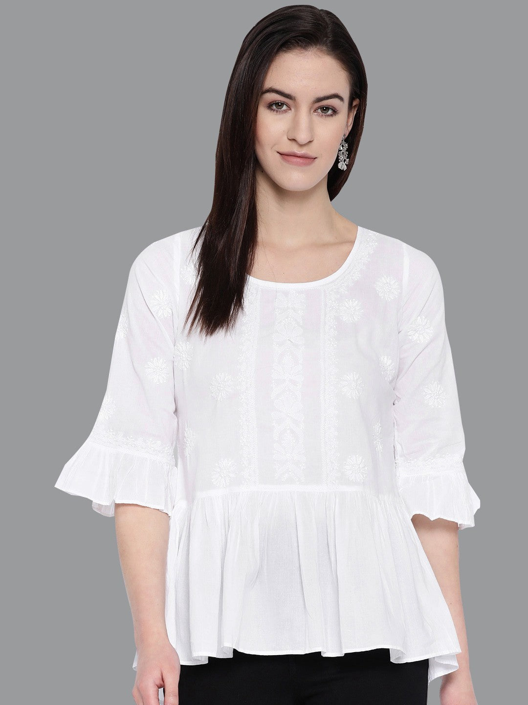 Ada Hand Embroidered White Cotton Lucknowi Chikankari Top A100149