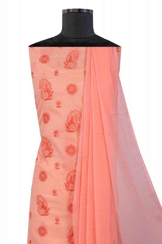 Ada Hand Embroidered Peach Cotton Lucknowi Chikankari Unstitched Suit Piece 01A179344