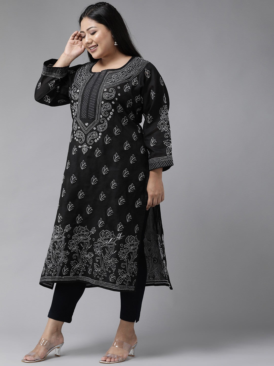 Ada Hand Embroidered Black Cotton Lucknow Chikan Straight Kurta A237205