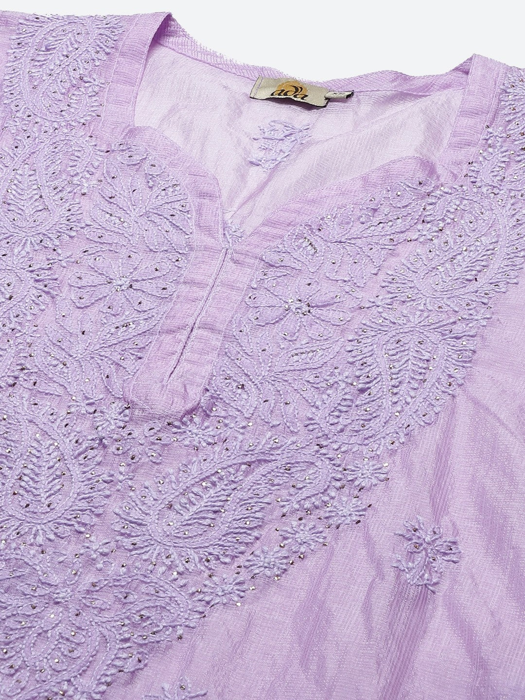 Ada Hand Embroidered Mauve Kota Lucknow Chikankari Kurta/Slip With Muqaish Work-A411290