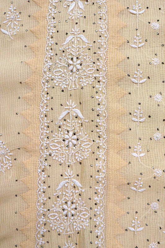 Ada Hand Embroidered Fawn Chanderi Lucknowi Chikan Unstitched Kurta Dupatta Set A145986