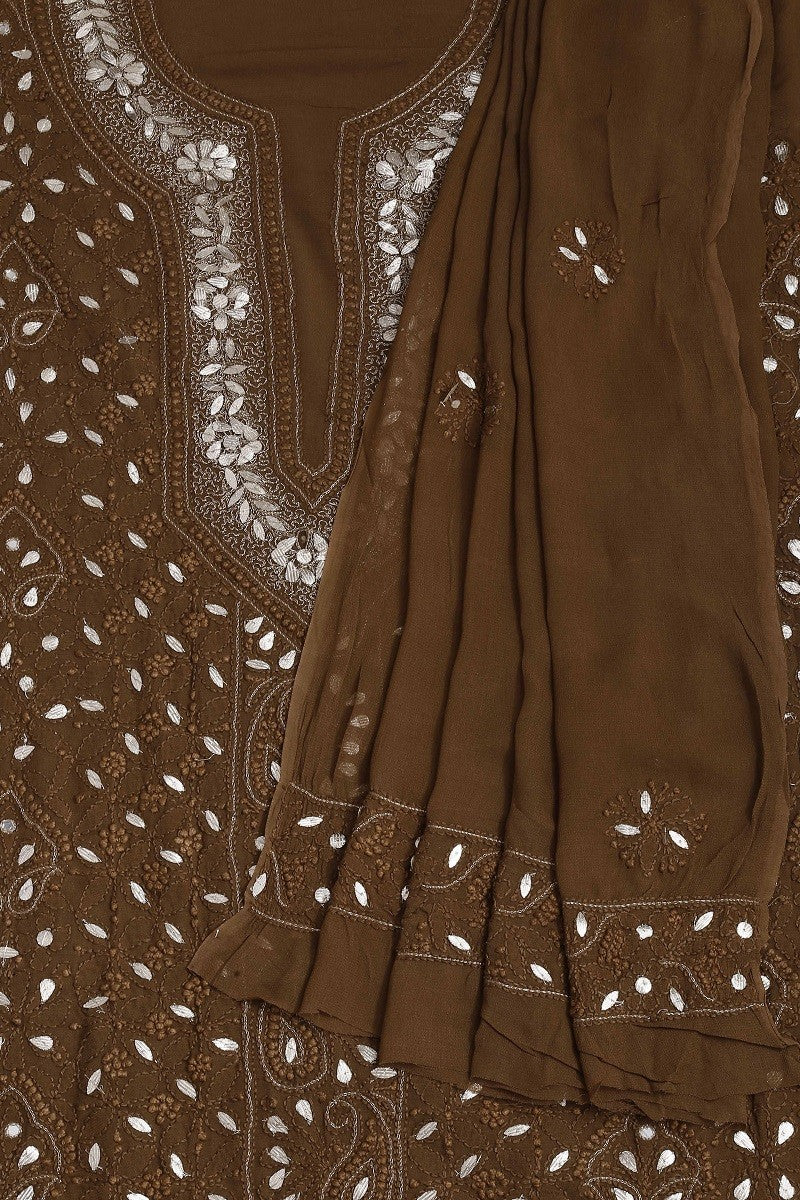 Ada Hand Embroidered Brown Georgette Lucknowi Chikan Unstitched Kurta Dupatta Set With Gota Patti Work- A590960