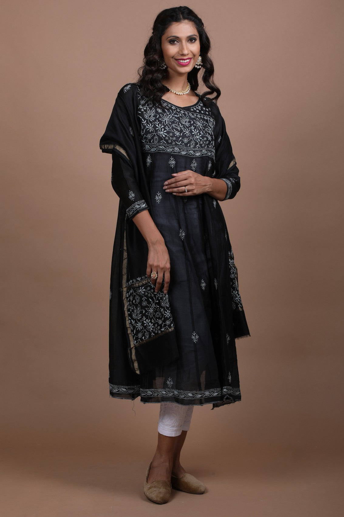 Ada Hand Embroidered Black Chanderi Lucknowi Chikankari Semi-Stitched Anarkali Kurta Dupatta Set 01A213946