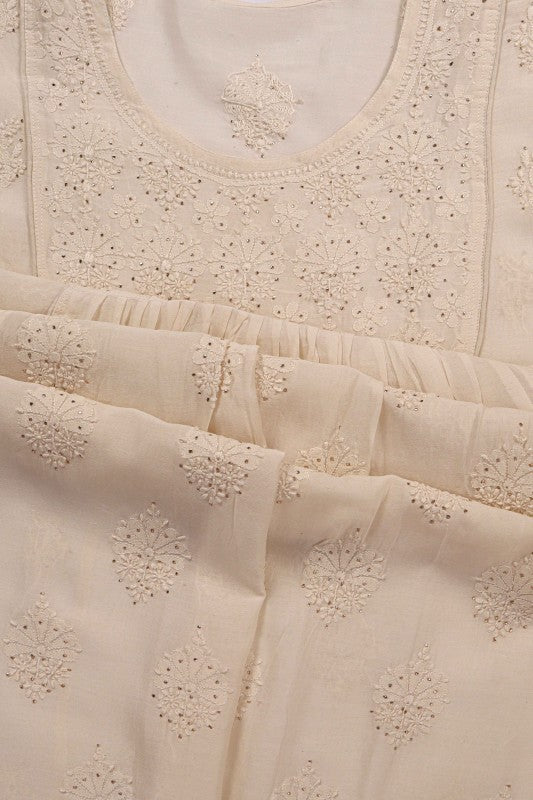 Ada Hand Embroidered Cream Chanderi Lucknowi Chikankari Unstitched Kurta Piece With Muqaish Work A597273
