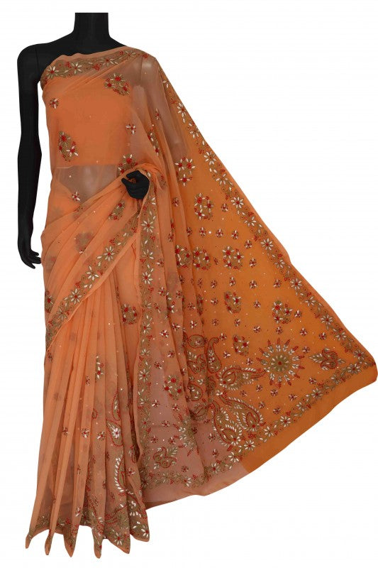 Ada Hand Embroidered Peach Georgette Lucknowi Chikankari Saree/Blouse With Gota Patti Work A183369