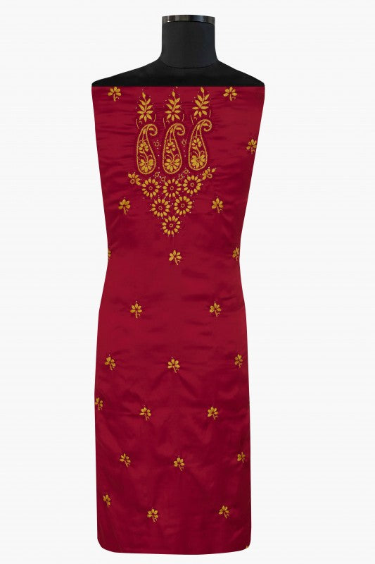 Ada Hand Embroidered Maroon Cotton Lucknowi Chikan Unstitched Suit Piece With Muqaish Work – A622615