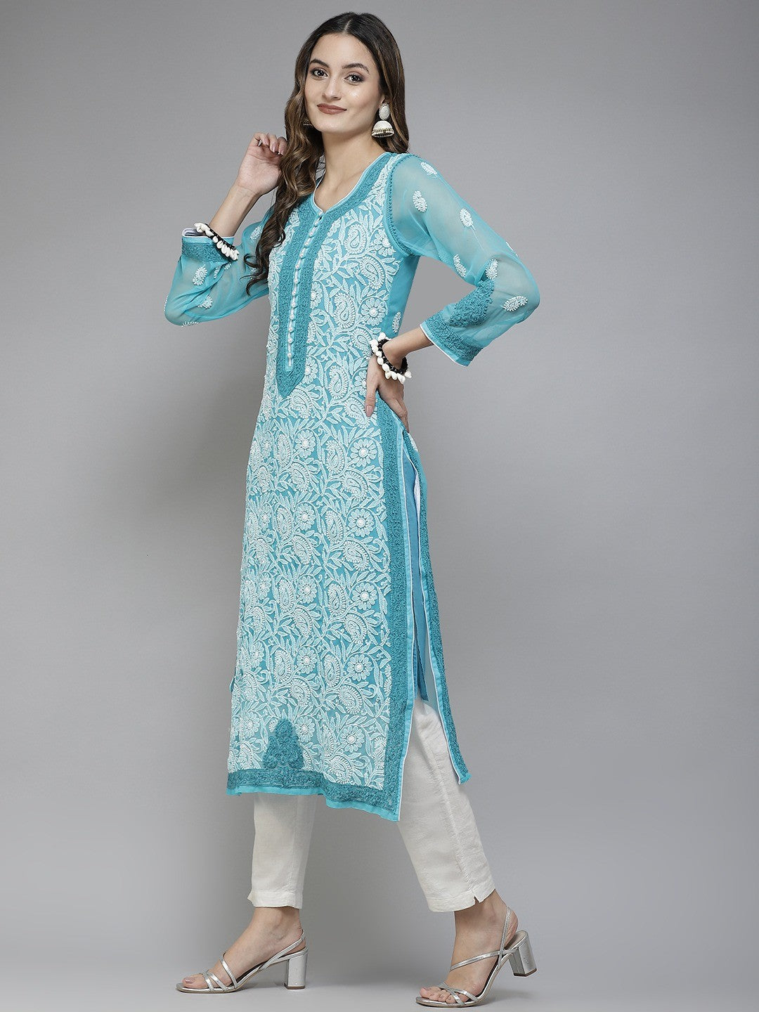 Ada Hand Embroidered Turquoise Blue Georgette Lucknowi Chikankari Straight Kurta With Slip A225706