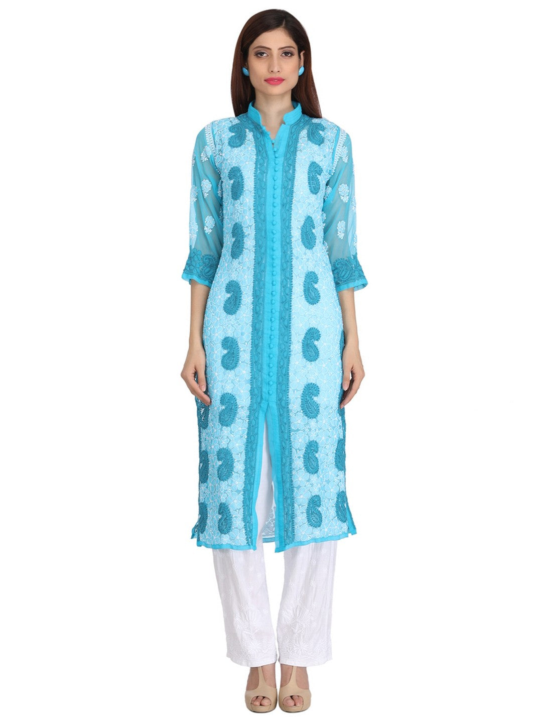 Ada Hand Embroidered Blue Georgette Lucknowi Chikankari Straight Kurta A227274