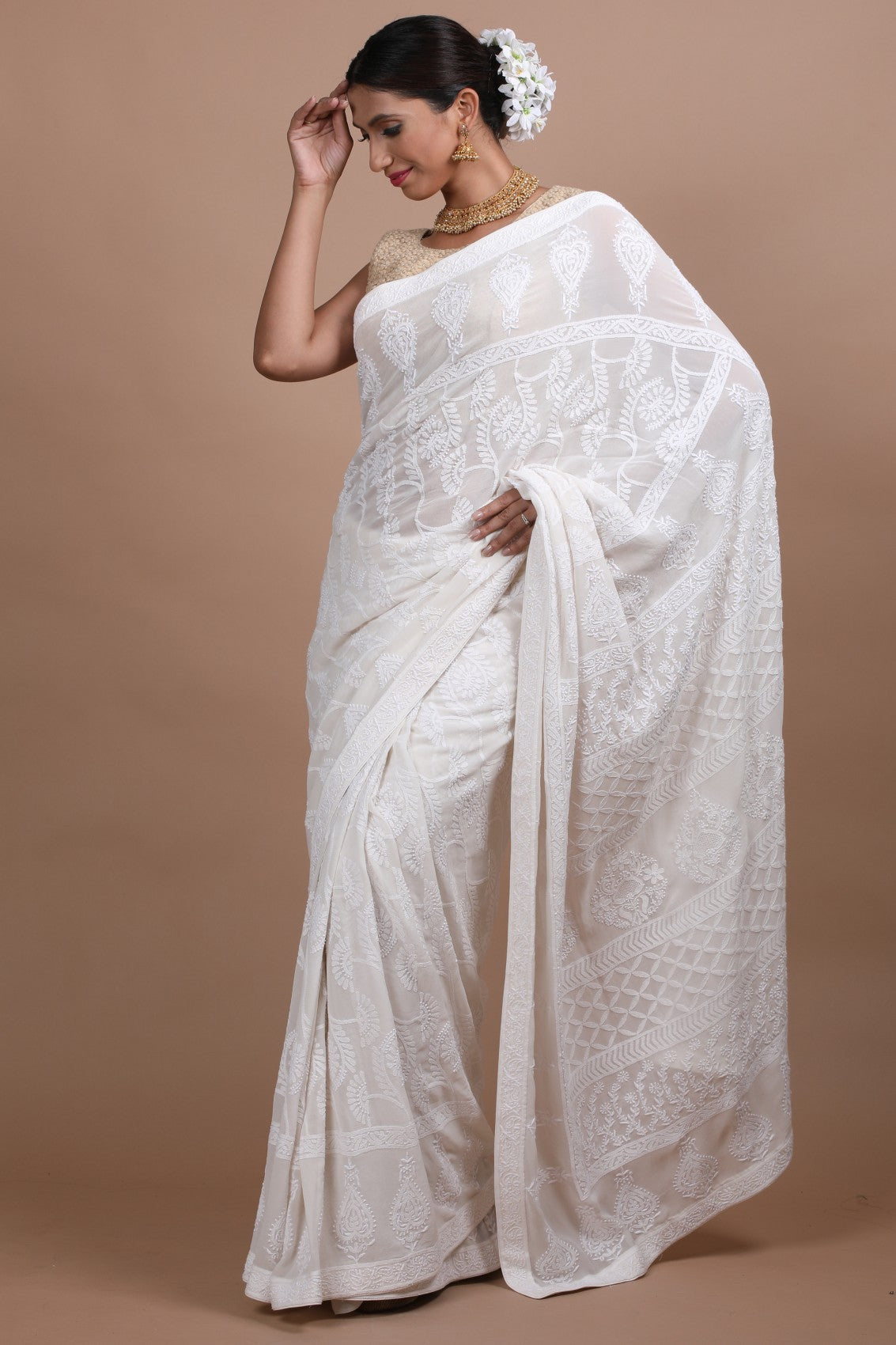 Ada Hand Embroidered Off White Pure Georgette Lucknowi Chikankari Saree With Blouse A536375