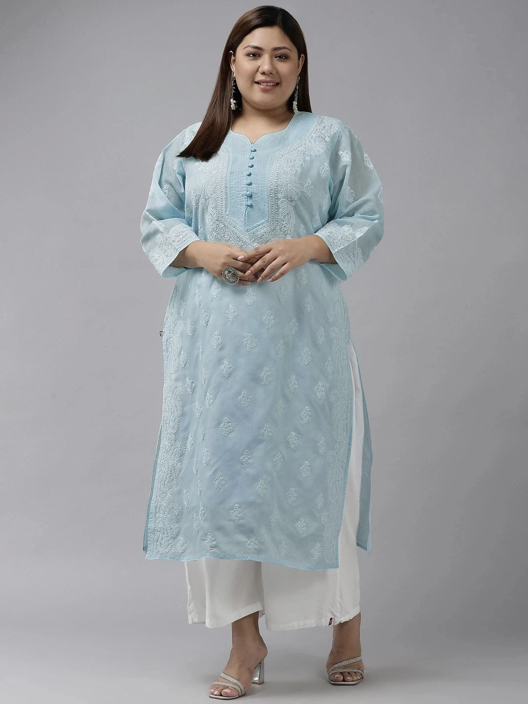 Ada Hand Embroidered Blue Cotton Lucknowi Chikankari Straight Kurta A100357