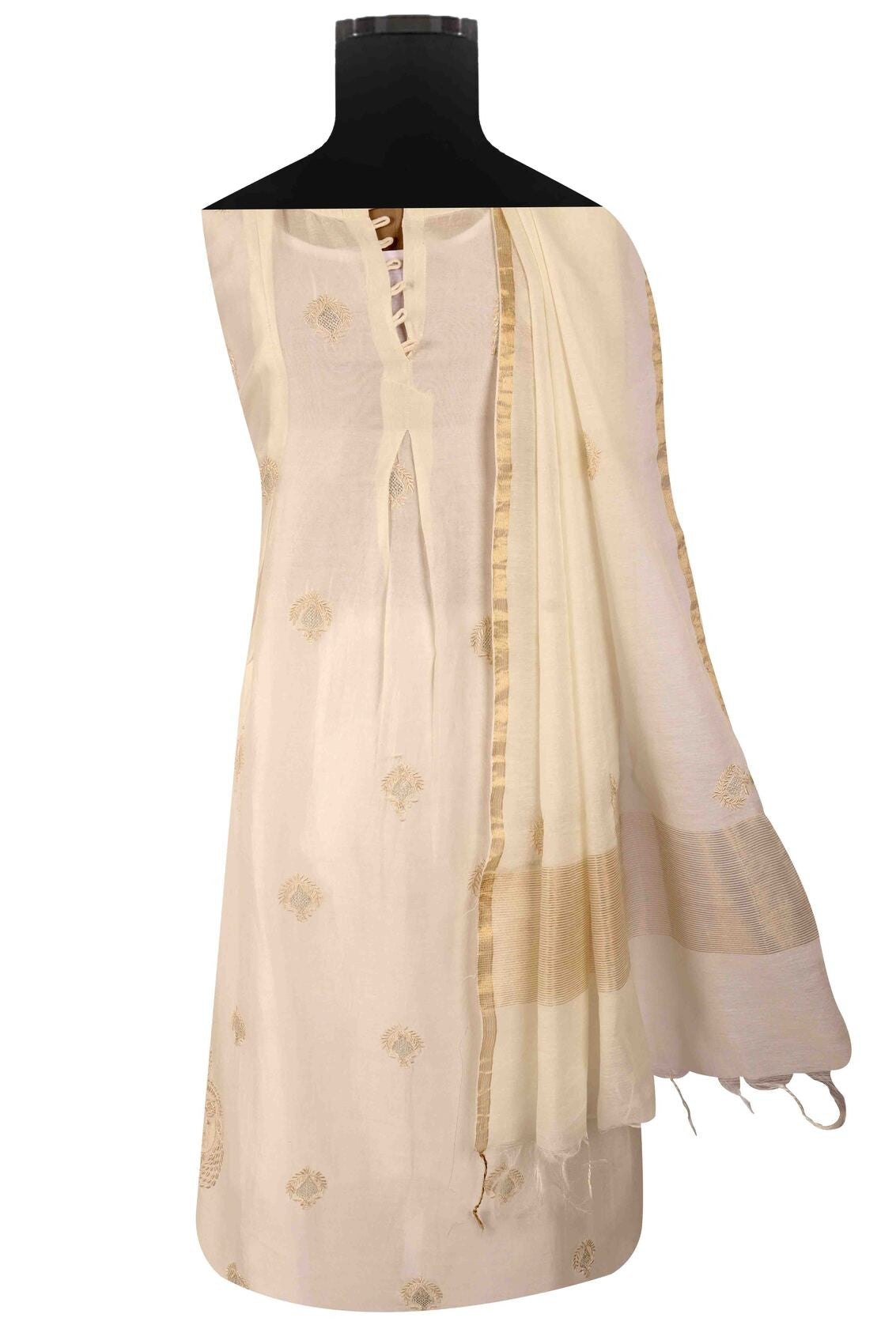 Ada Hand Embroidered Off White Chanderi Lucknowi Chikankari Unstitched Kurta Dupatta Set With Zari Work A520548