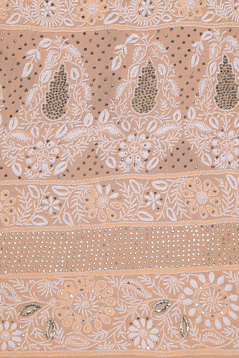 Ada Hand Embroidered Peach Pure Georgette Lucknowi Chikankari Lehenga Set with Muqaish Work A291941
