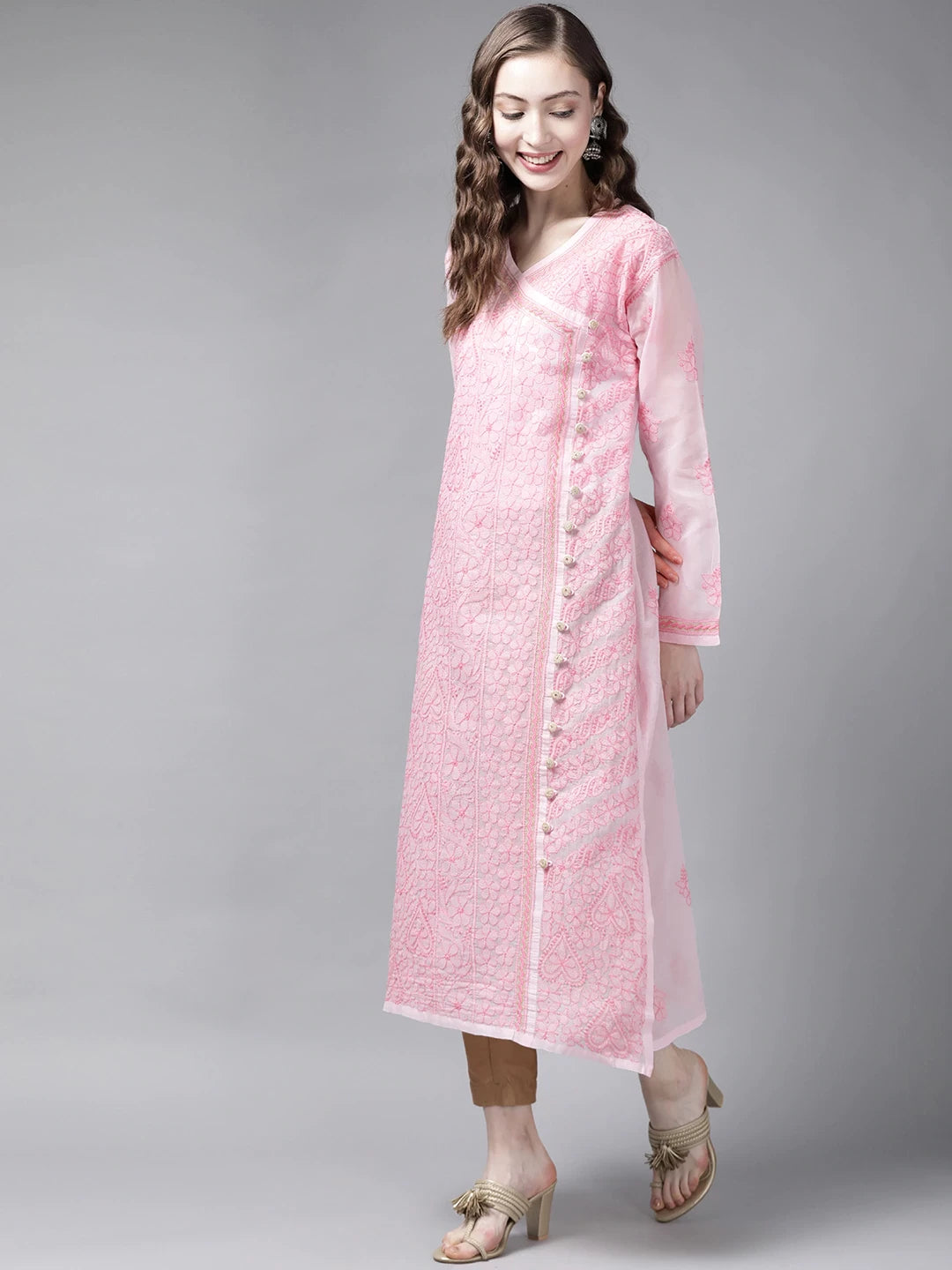Ada Hand Embroidered Pink Cotton Lucknow Chikan Kurta A411251
