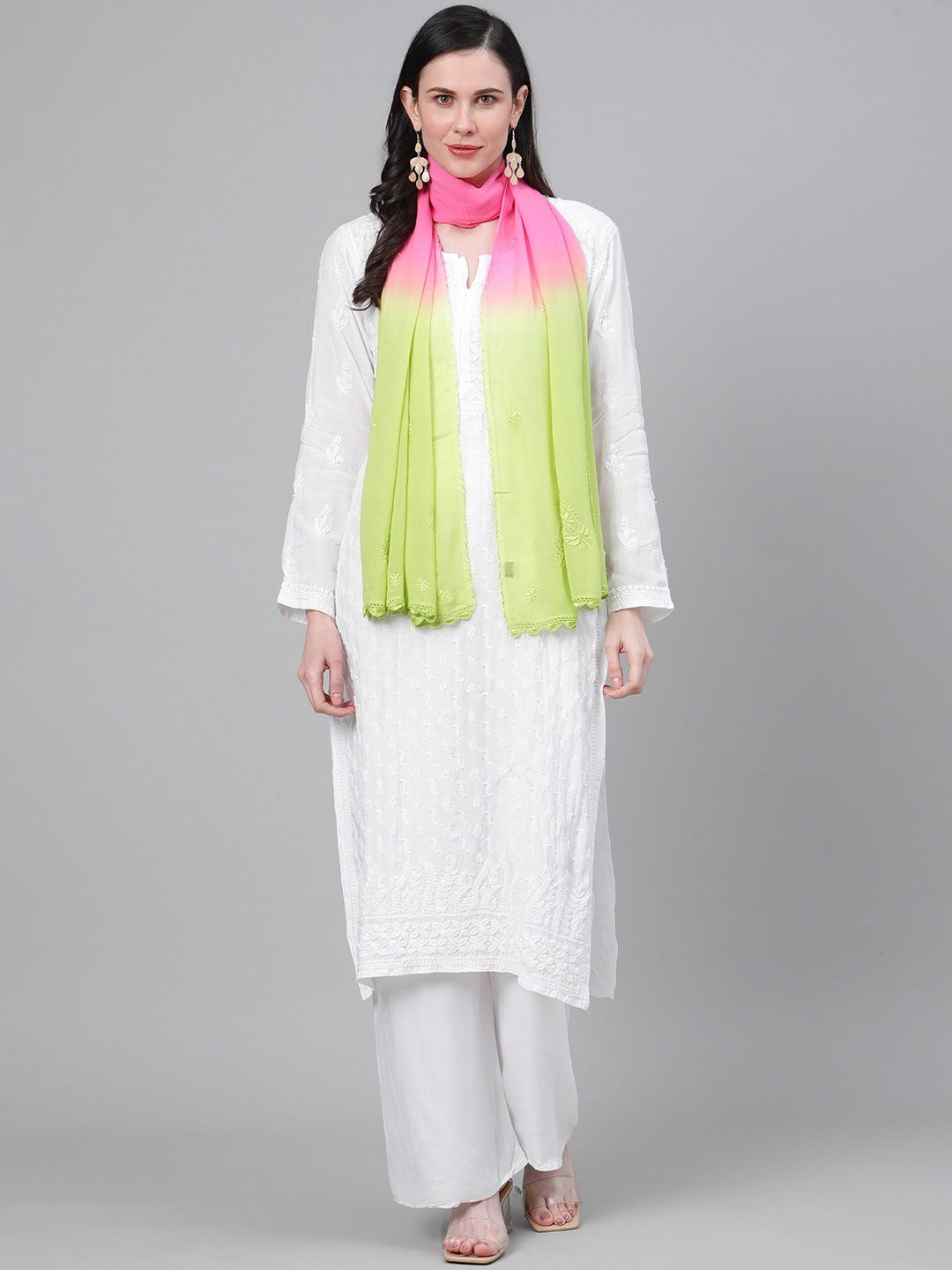 Ada Hand Embroidered Green and Pink Georgette Lucknowi Chikankari Stole A511153