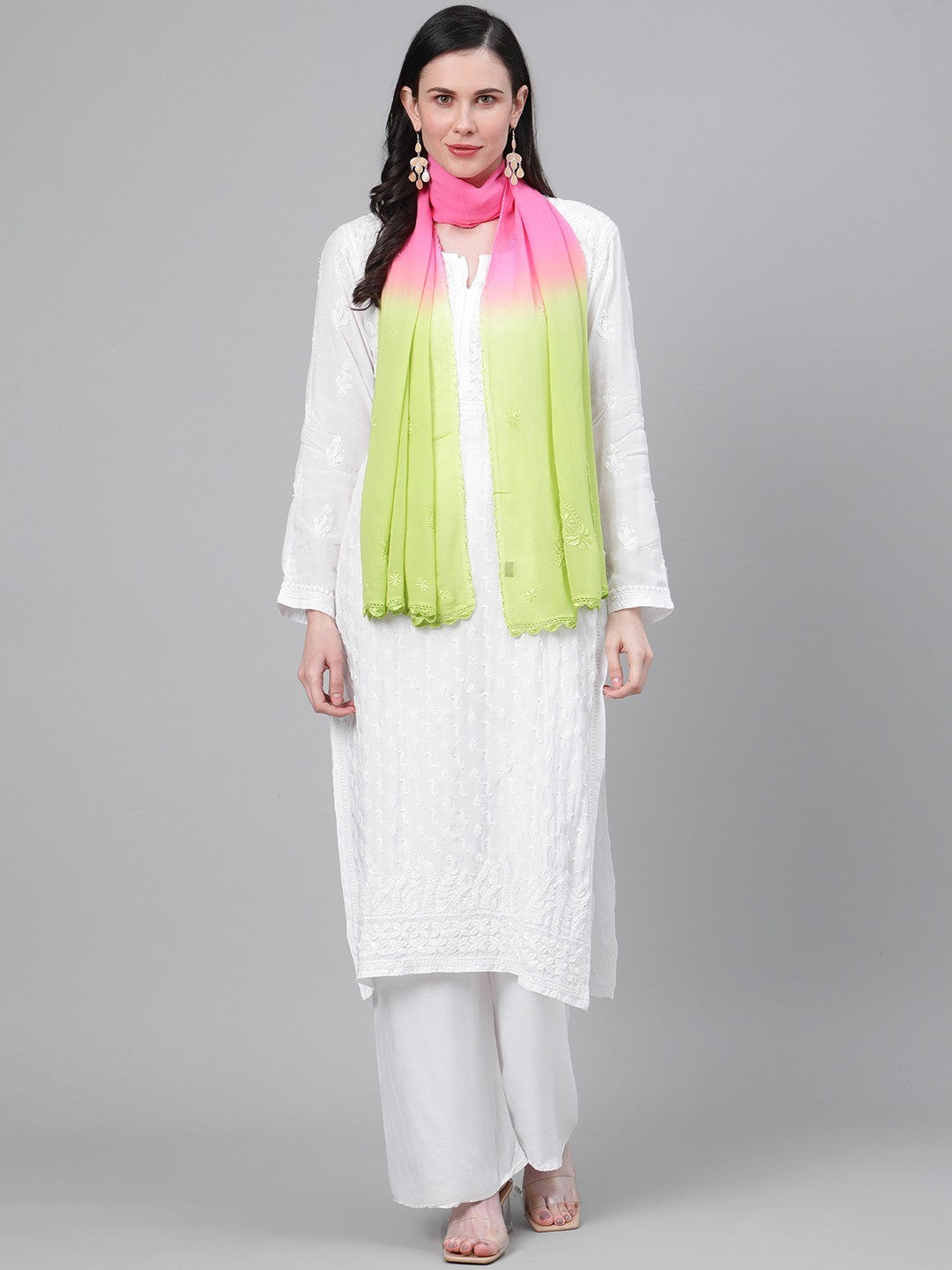 Ada Hand Embroidered Green and Pink Georgette Lucknowi Chikankari Stole A511153