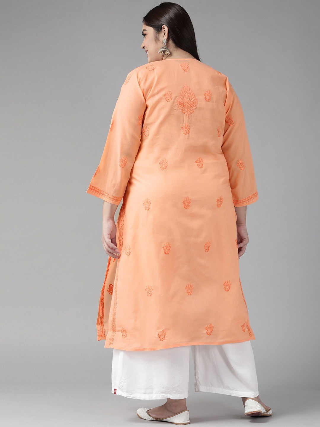 Ada Hand Embroidered Peach Cotton Lucknowi Chikankari Straight Kurta A231406