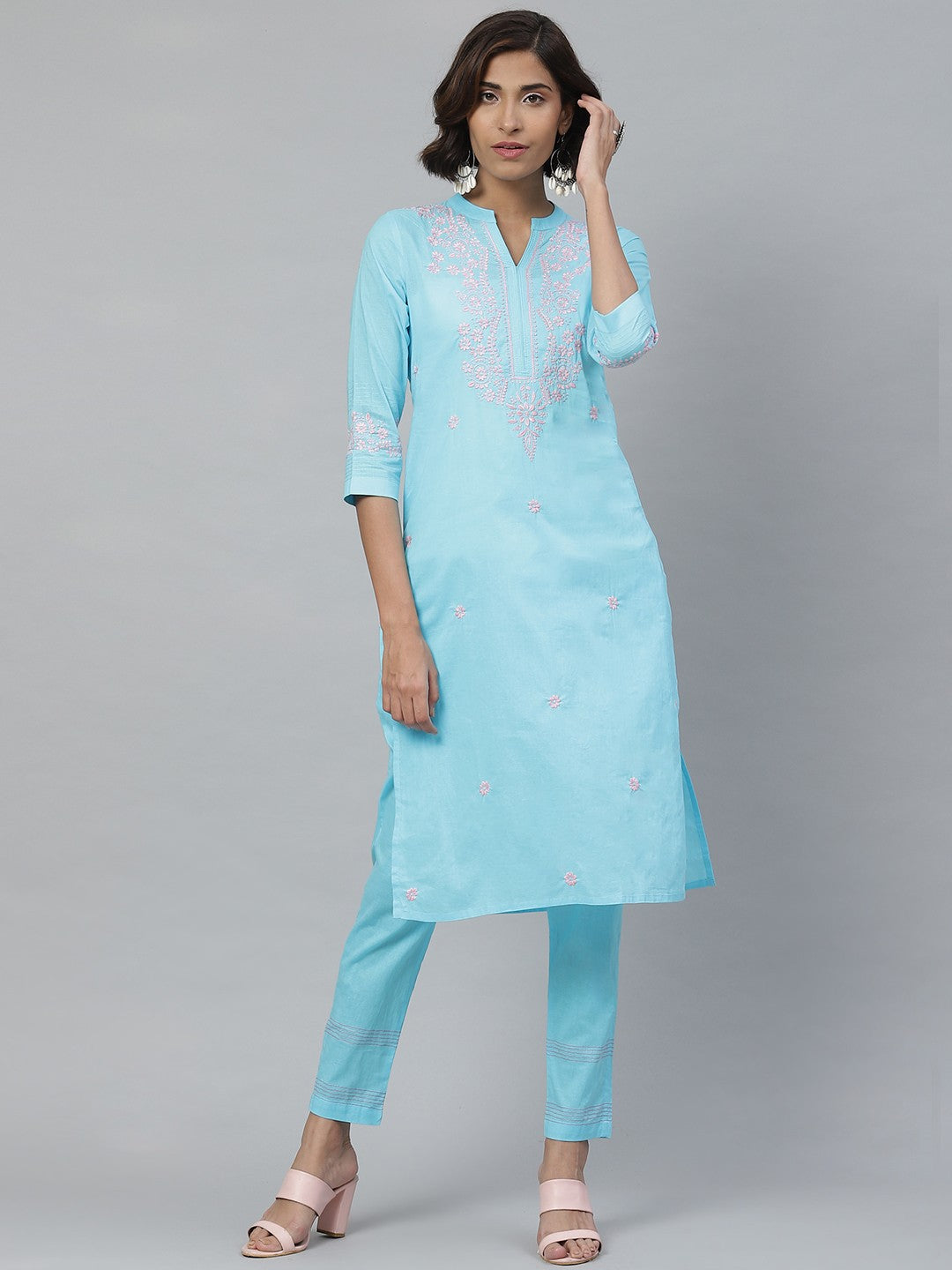 Ada Hand Embroidered Blue Cotton Lucknowi Chikankari Kurta With Trouser Set A100341