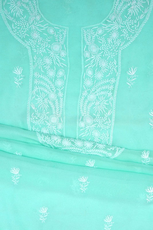 Ada Hand Embroidered Sea Green Pure Georgette Lucknowi Chikan Unstitched Kurta Piece A114903