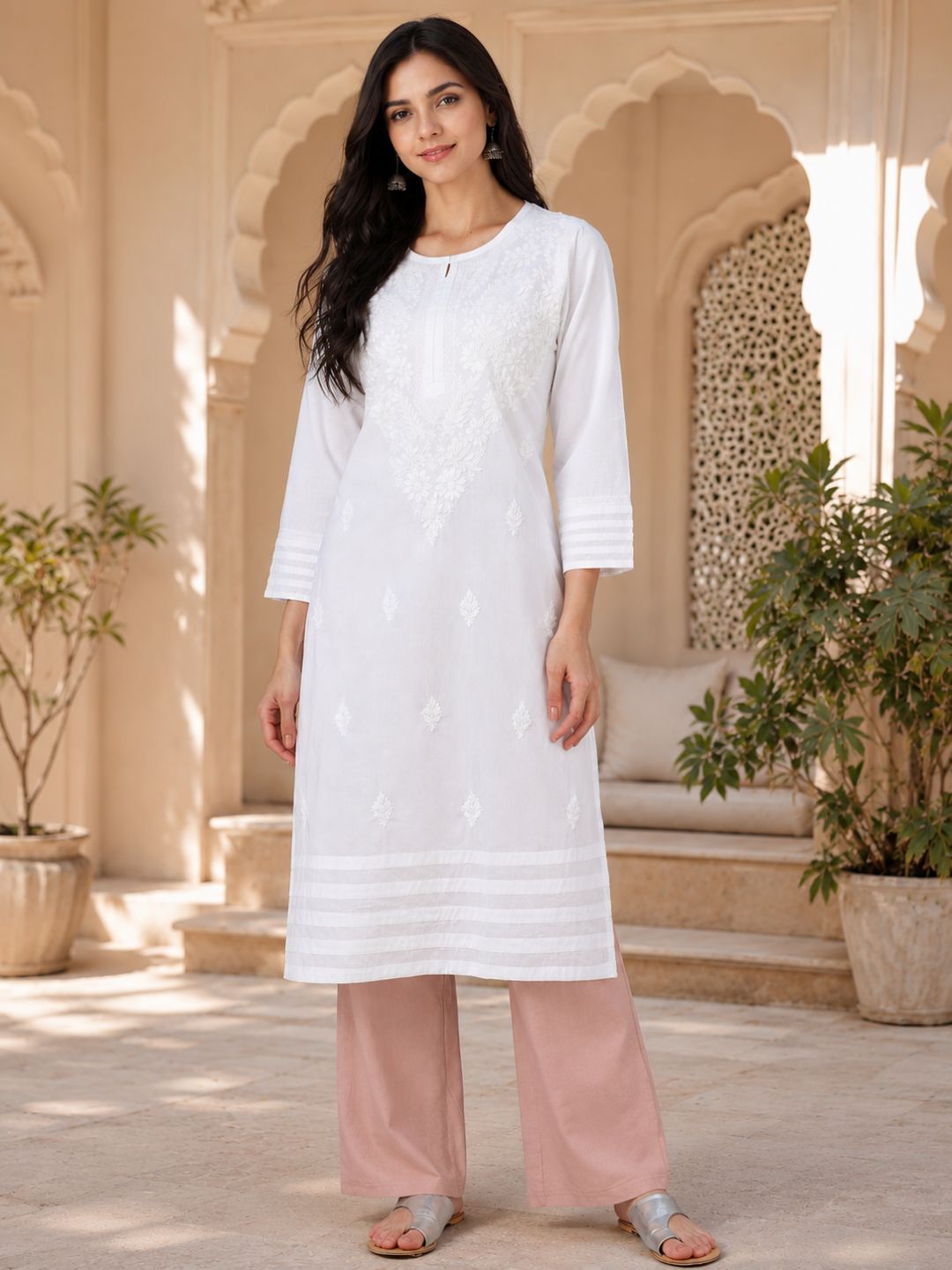 Ada Hand Embroidered White Cotton Lucknowi Chikankari Straight Kurta A149984